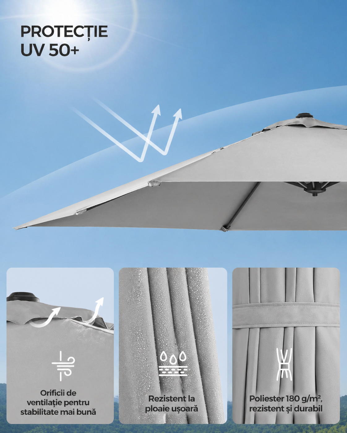SONGMICS Umbrela de gradina cu manivela tip pendul 270x270 cm, UPF 50+, rotire 360°, inclinare reglabila, gri deschis