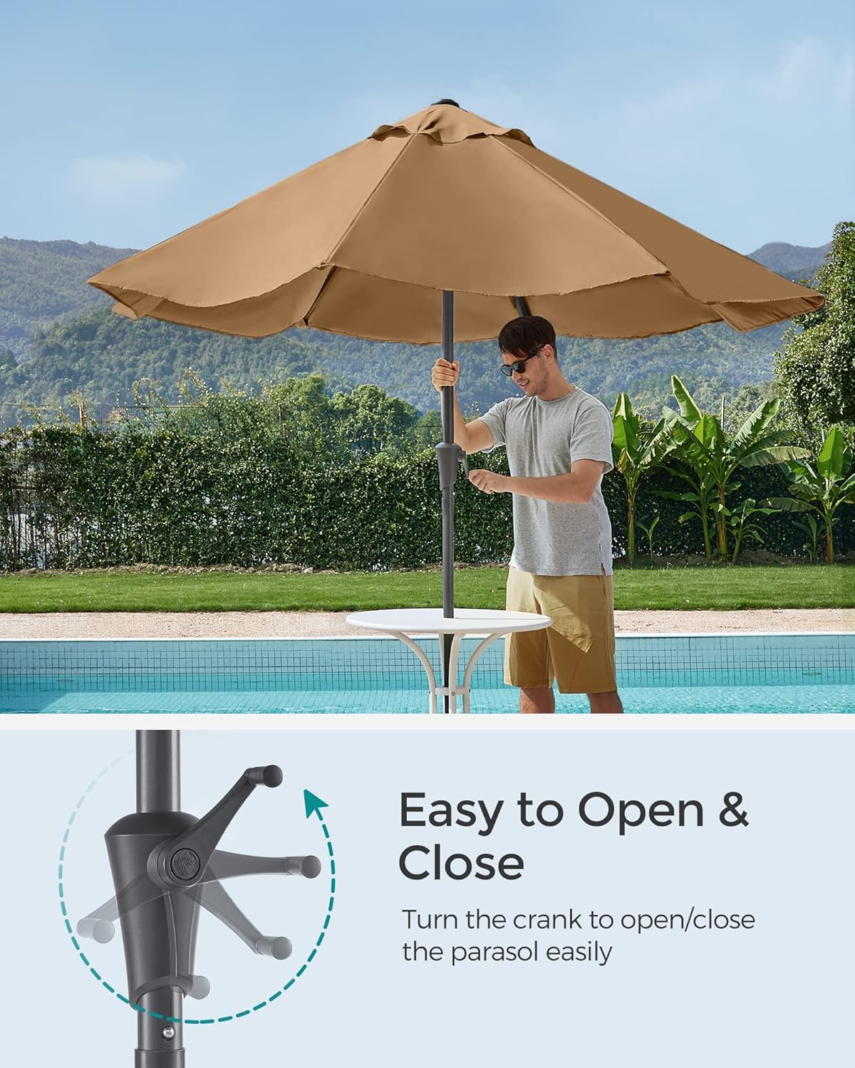 SONGMICS Umbrela de gradina, cu manivela pentru deschidere, sistem inclinare, 300cm, taupe