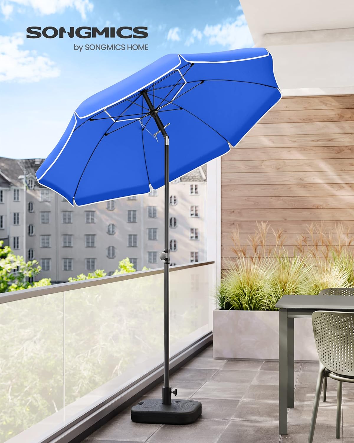 SONGMICS Umbrela terasa gradina sau plaja, cu inclinare, husa, diametru 160cm, albastru