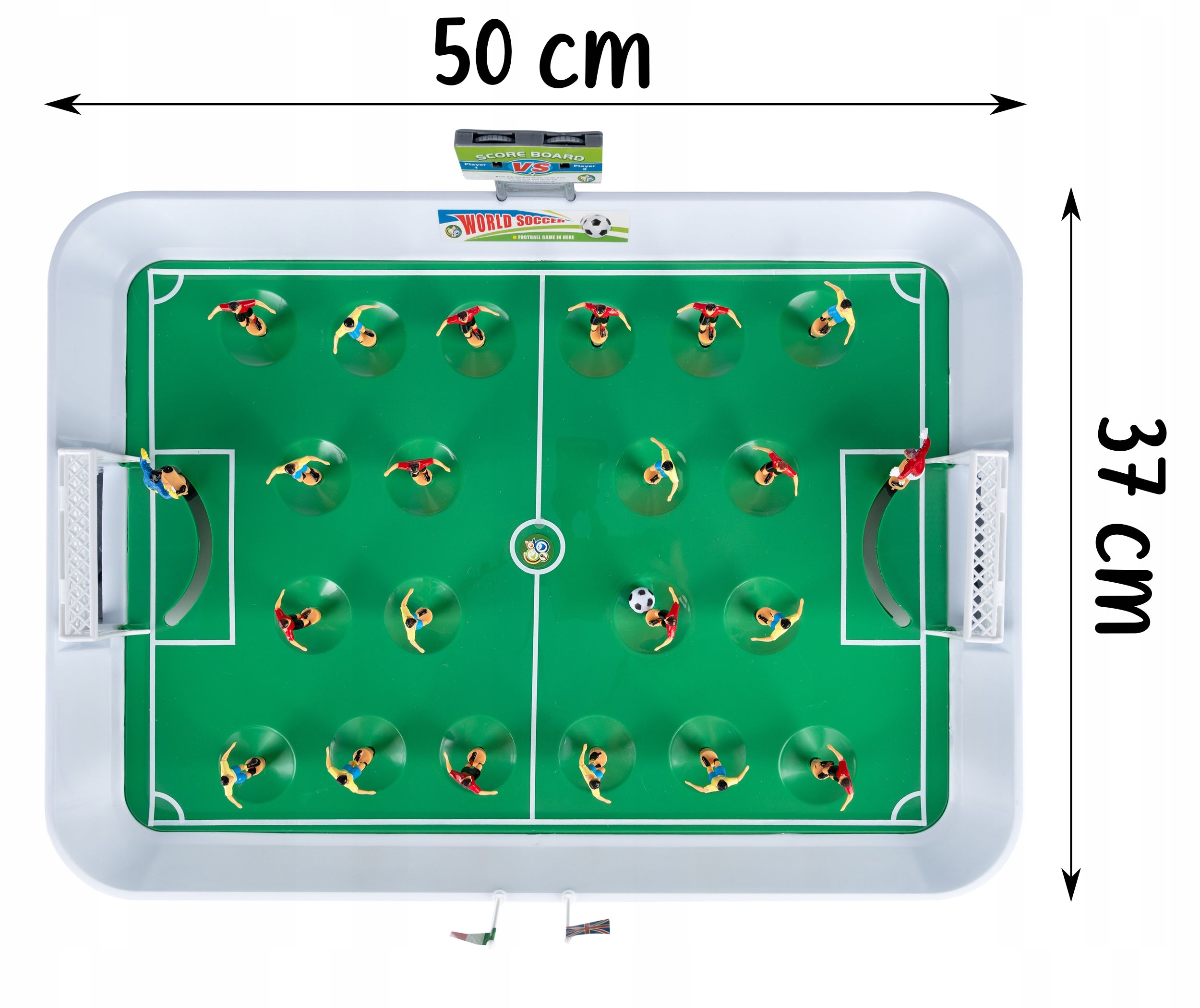 Joc fotbal de masa cu jucatori pe arc, set complet cu 22 figurine si tabla de scor, 50x37x13 cm