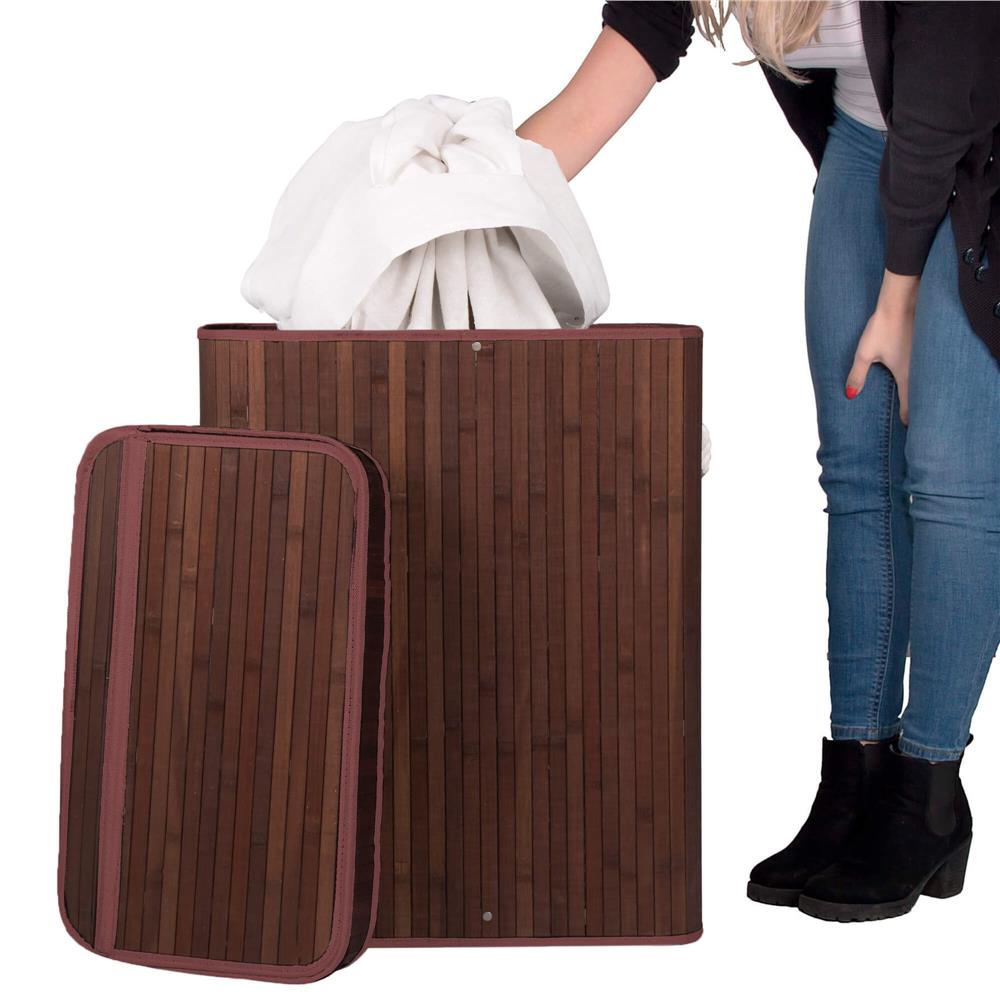 Cos de rufe cu capac si 3 compartimente, sac textil detasabil, 100 litri, 51x32x63 cm, maro