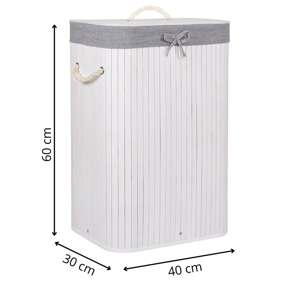 Cos de rufe cu capac, din bambus cu sac textil detasabil, 72 litri, 40x28x60 cm, alb si gri