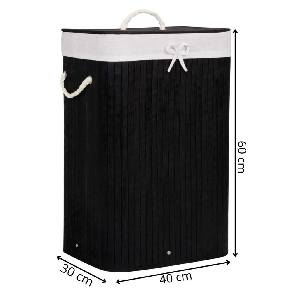 Cos de rufe cu capac, din bambus cu sac textil detasabil, 72 litri, 40x30x60 cm, negru