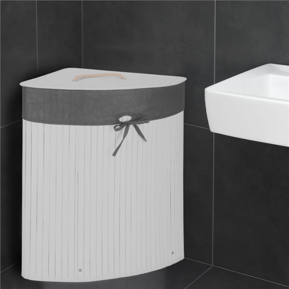 Cos de rufe triunghiular pentru colt cu capac, bambus si sac textil detasabil, 60 litri, 55x35x60 cm, alb si gri