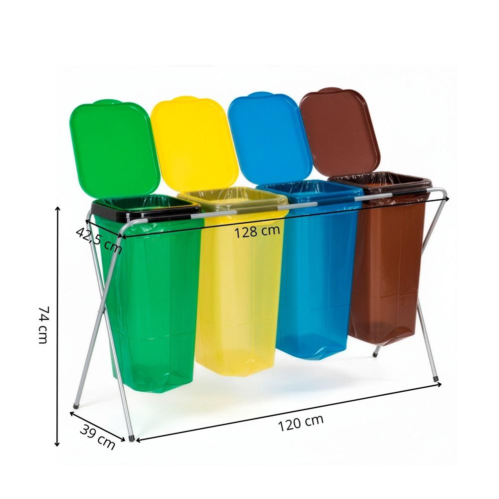 Cos de gunoi selectiv cu 4 compartimente, cadru metalic si capace PP, 128x42x74 cm