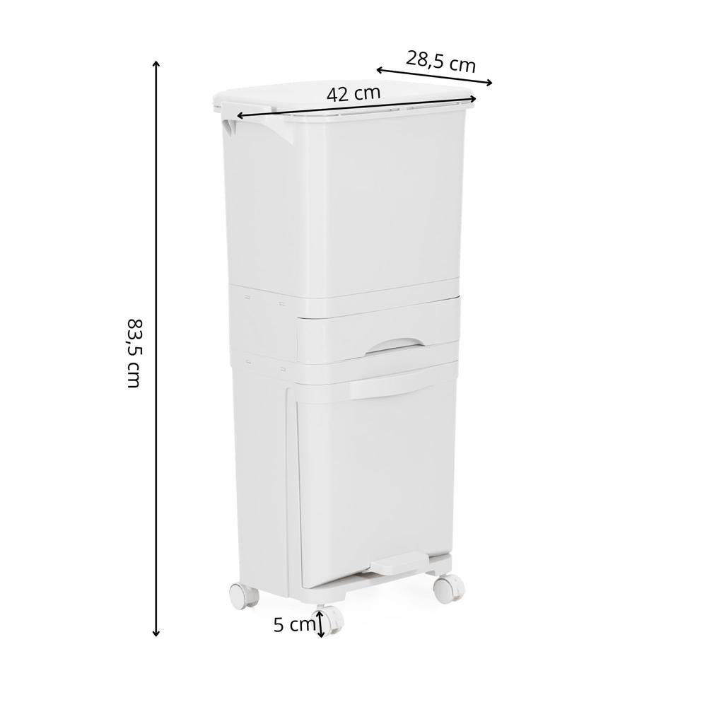 Cos de gunoi pentru colectare selectiva cu 3 compartimente, pe roti, 42 L, alb