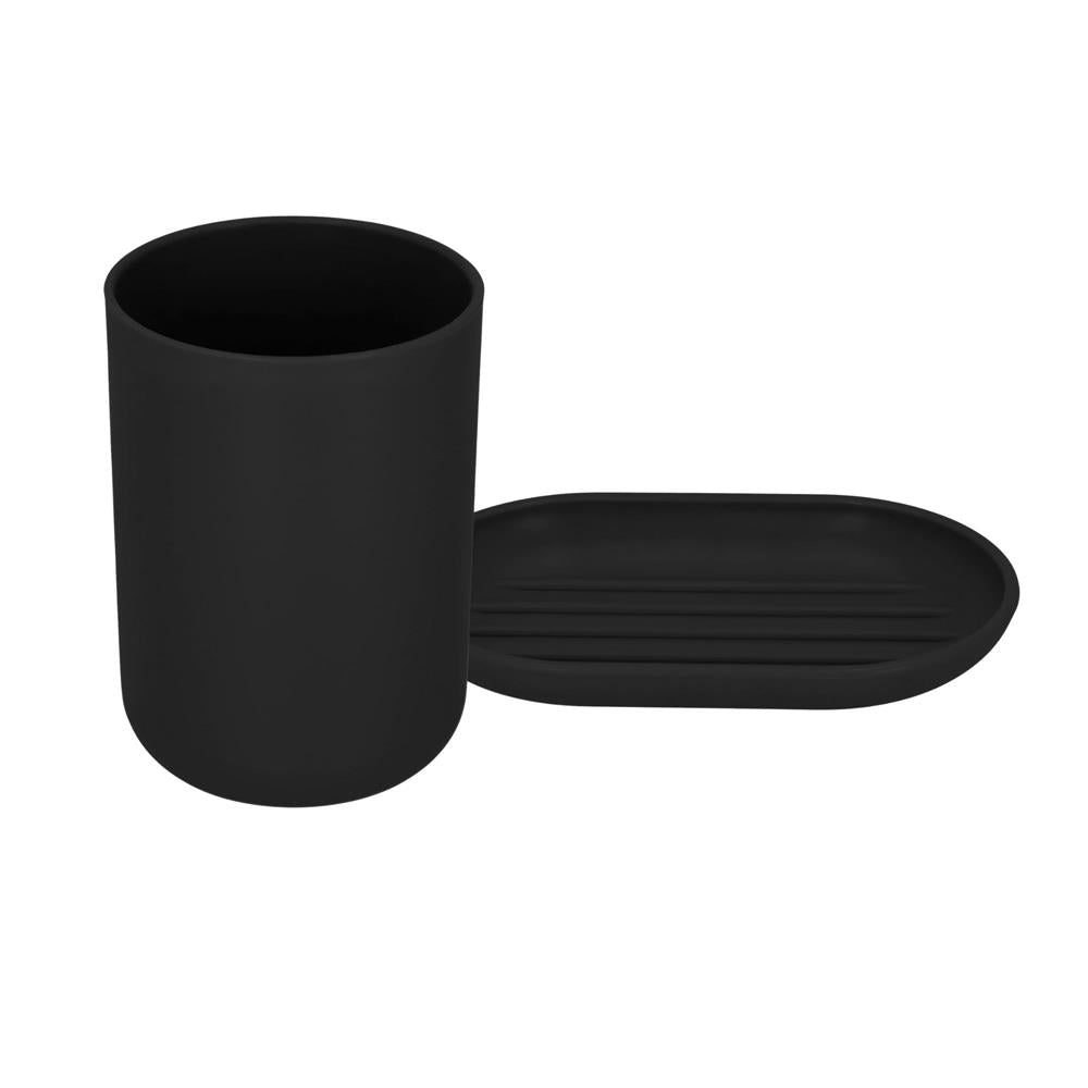 Set accesorii baie, 6 piese din plastic, cu perie WC si cos de gunoi, finisaj mat si lucios, negru argintiu
