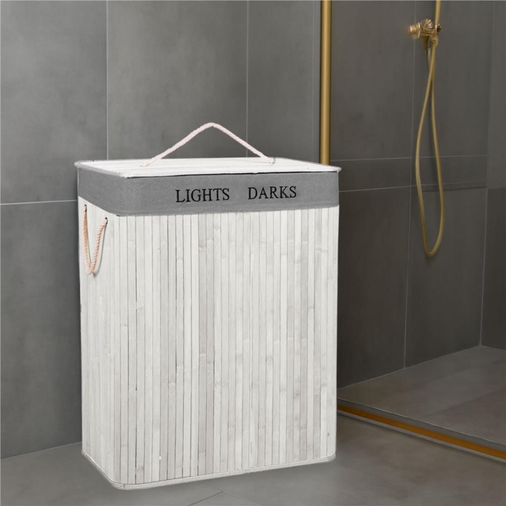 Cos pentru rufe din bambus, pliabil, cu 2 compartimente, volum 105 L, 63x52x33 cm, alb si gri