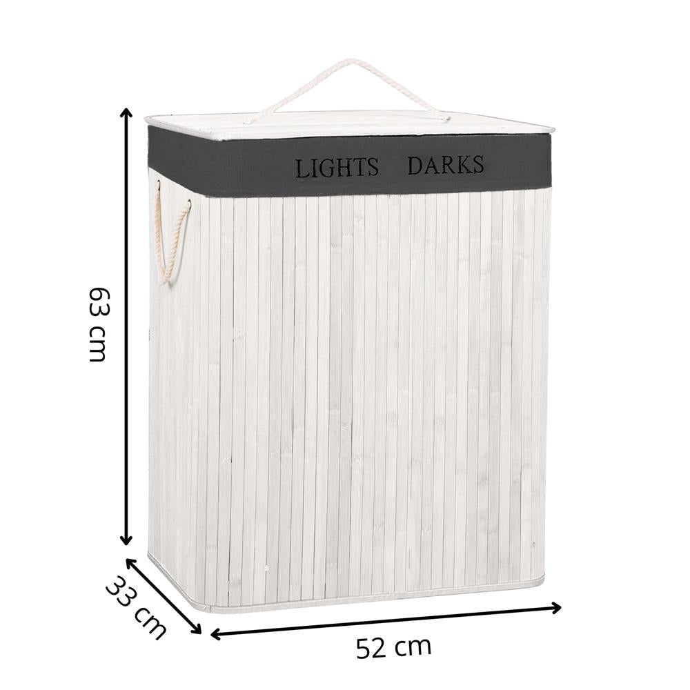 Cos pentru rufe din bambus, pliabil, cu 2 compartimente, volum 105 L, 63x52x33 cm, alb si gri inchis