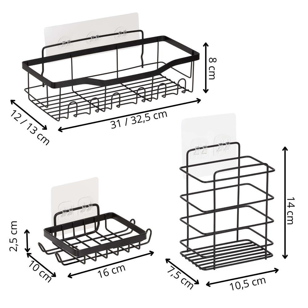 Set 5 polite metalice pentru dus cu montaj autoadeziv, inox, negru mat