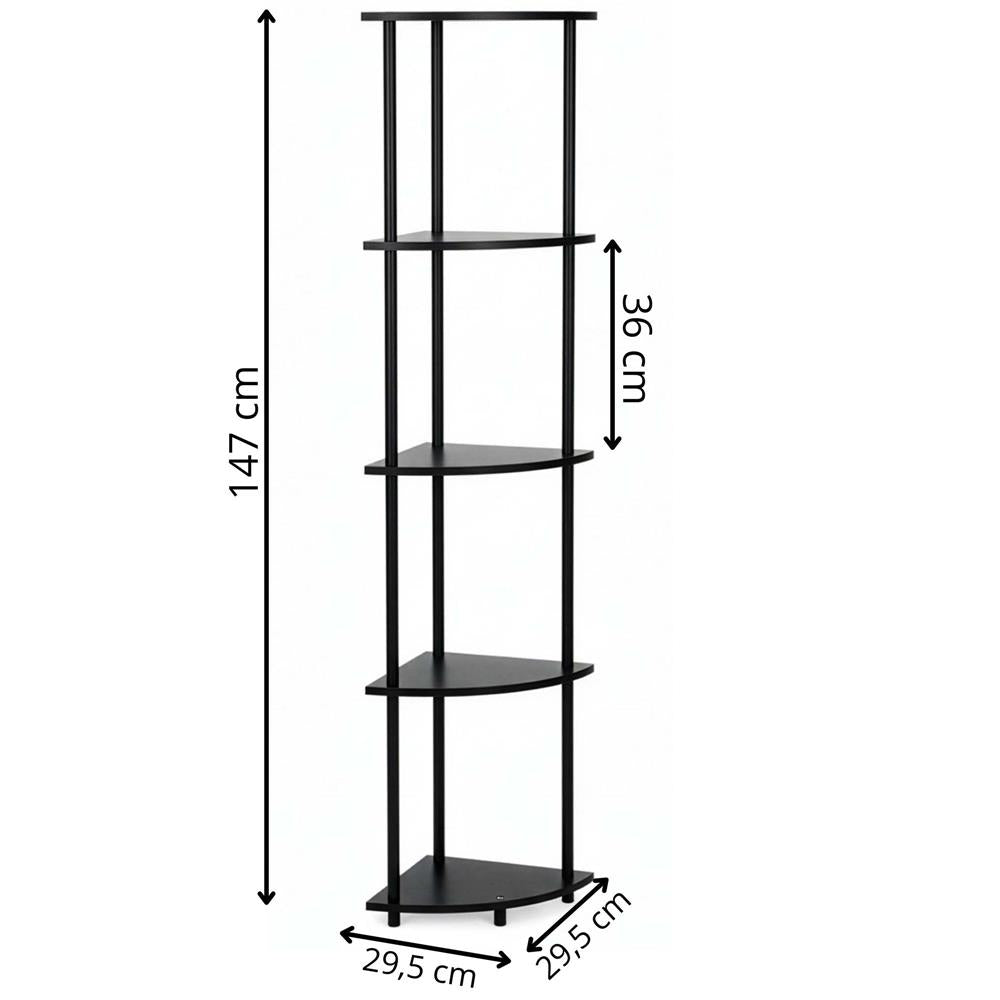 Raft de colt cu 5 polite, MDF, cadru metalic, 148x30x30 cm, negru