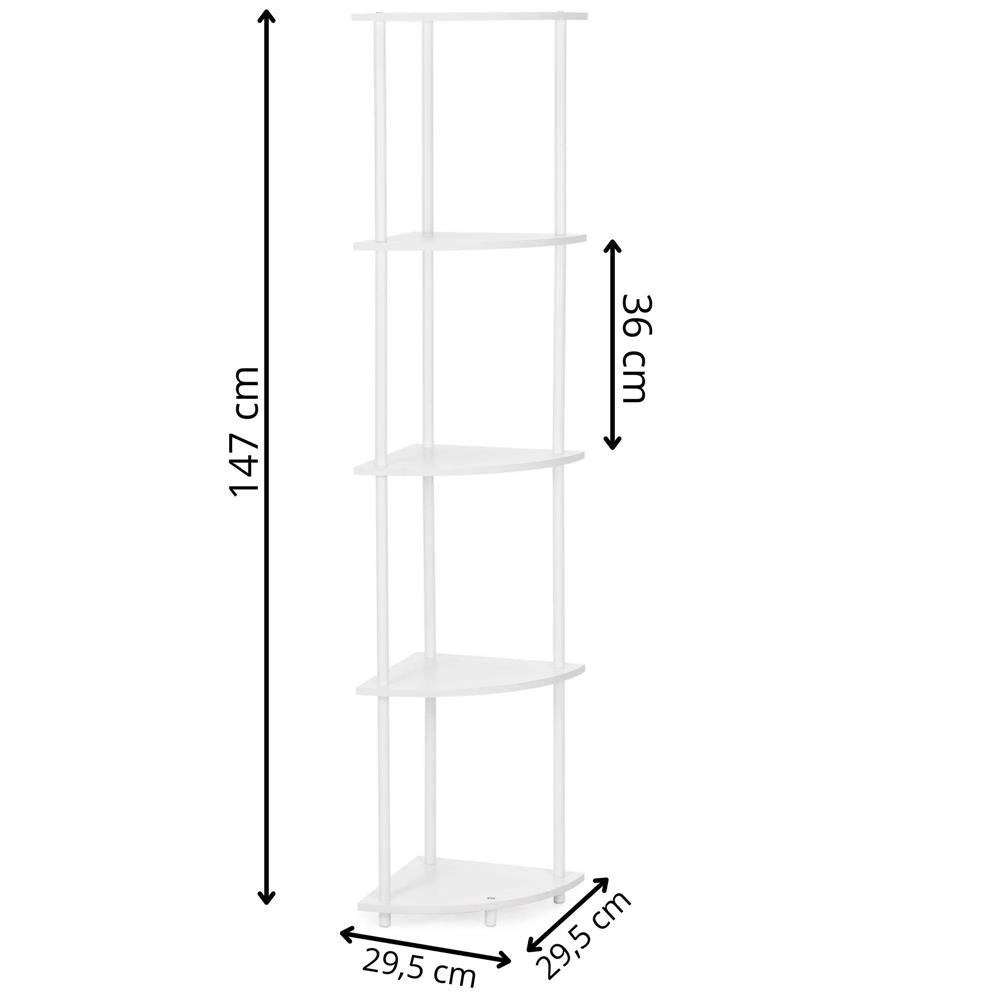 Raft de colt cu 5 polite, MDF, cadru metalic, 148x30x30 cm, alb