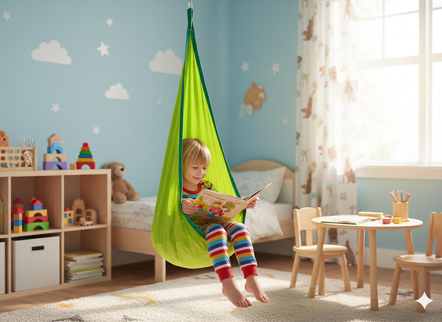 Leagan suspendat tip cocon pentru copii 70x150 cm, textil, pentru interior si exterior, verde