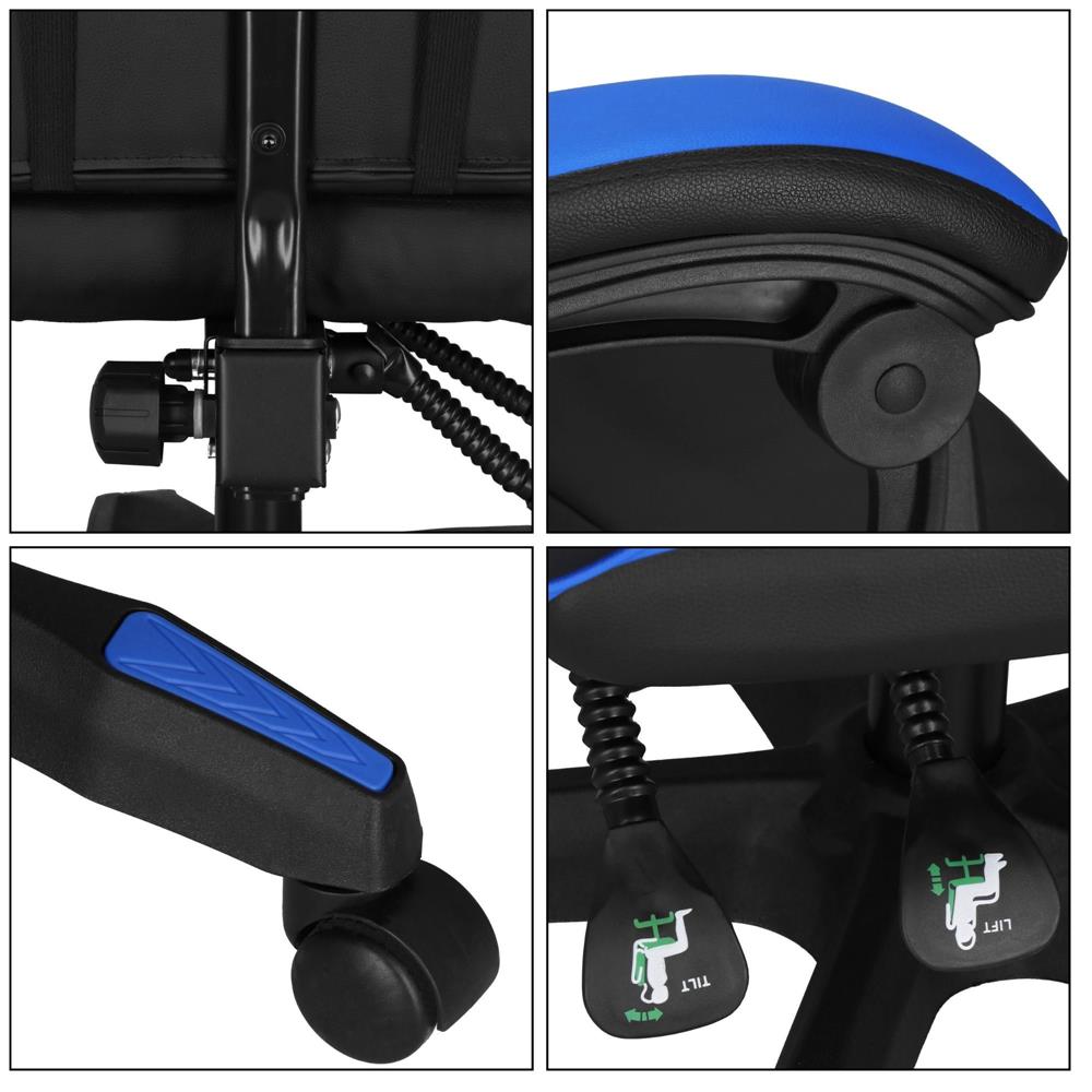 Scaun birou pentru gaming, ergonomic, suport lombar si tetiera, 114-123x55x50 cm, negru si albastru