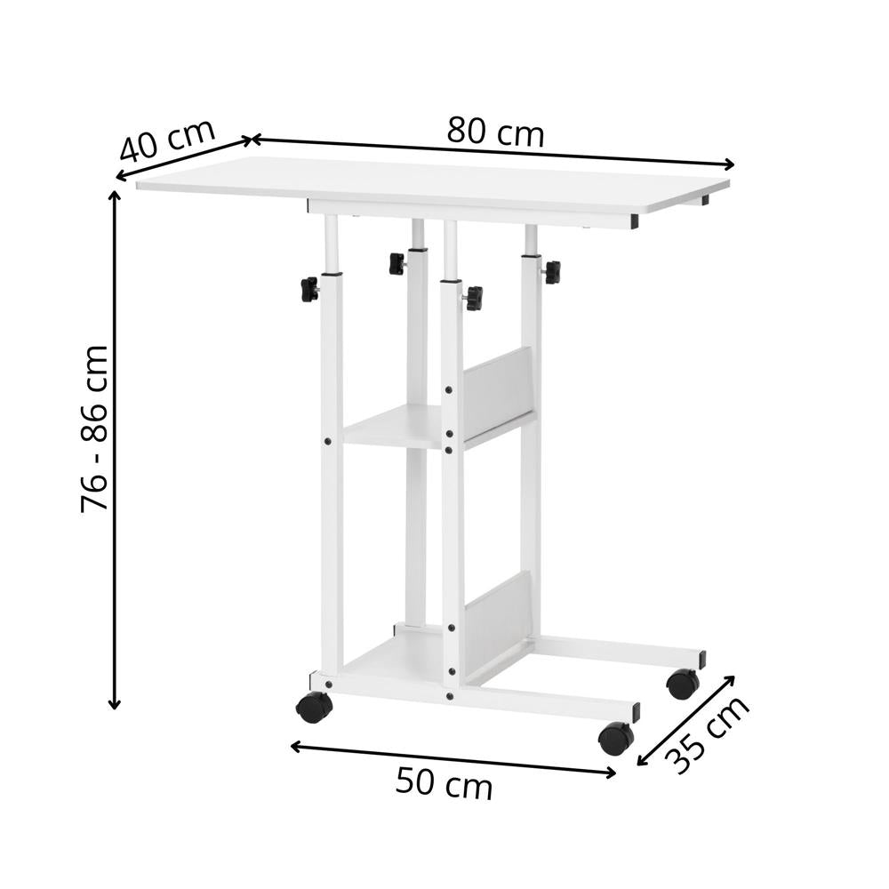 Birou reglabil pe inaltime cu rafturi si roti, blat din lemn si structura metalica, 80x40x76-86 cm, alb