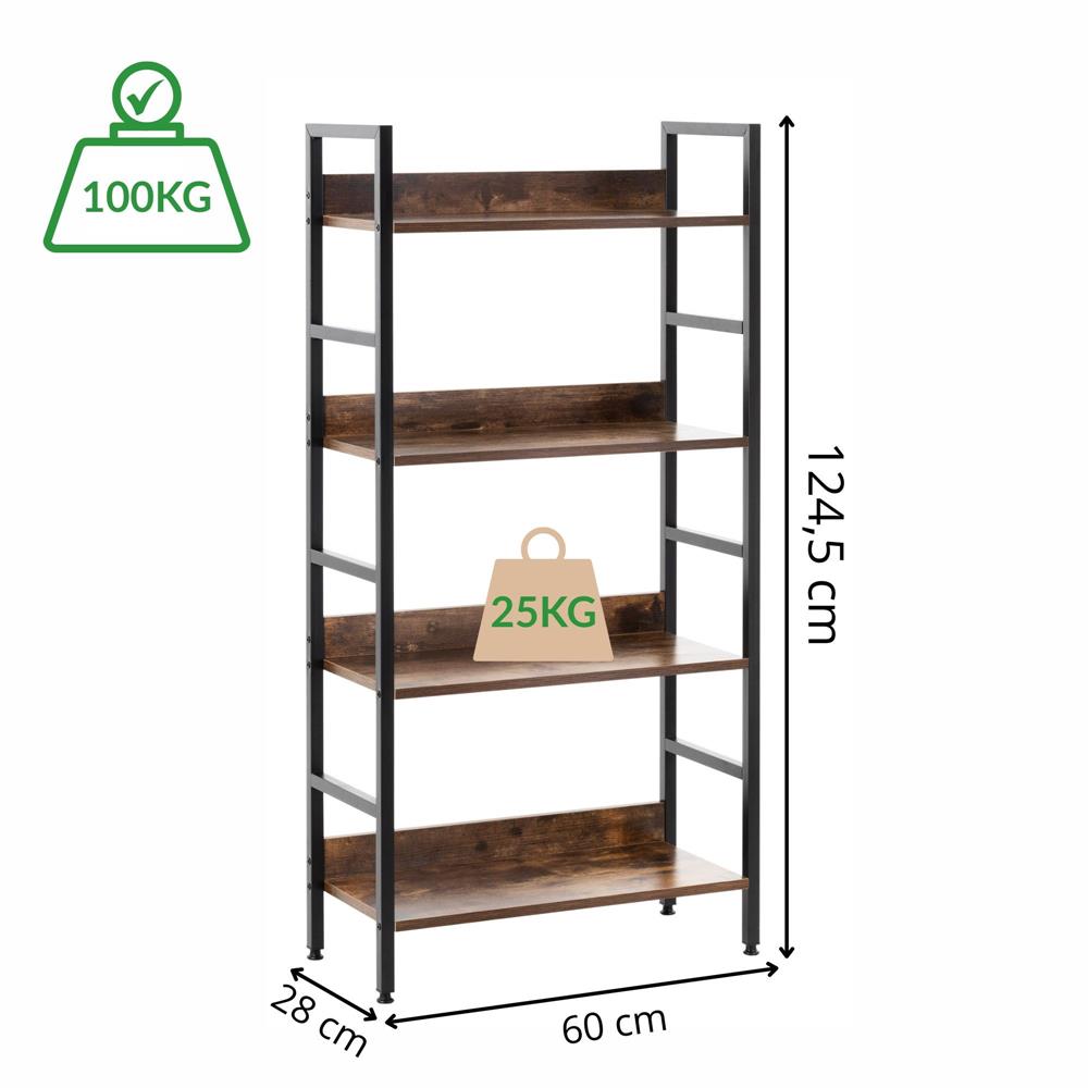 Etajera cu 4 polite din MDF si cadru metalic, stil industrial, 60x28x124.5 cm, maro inchis si negru