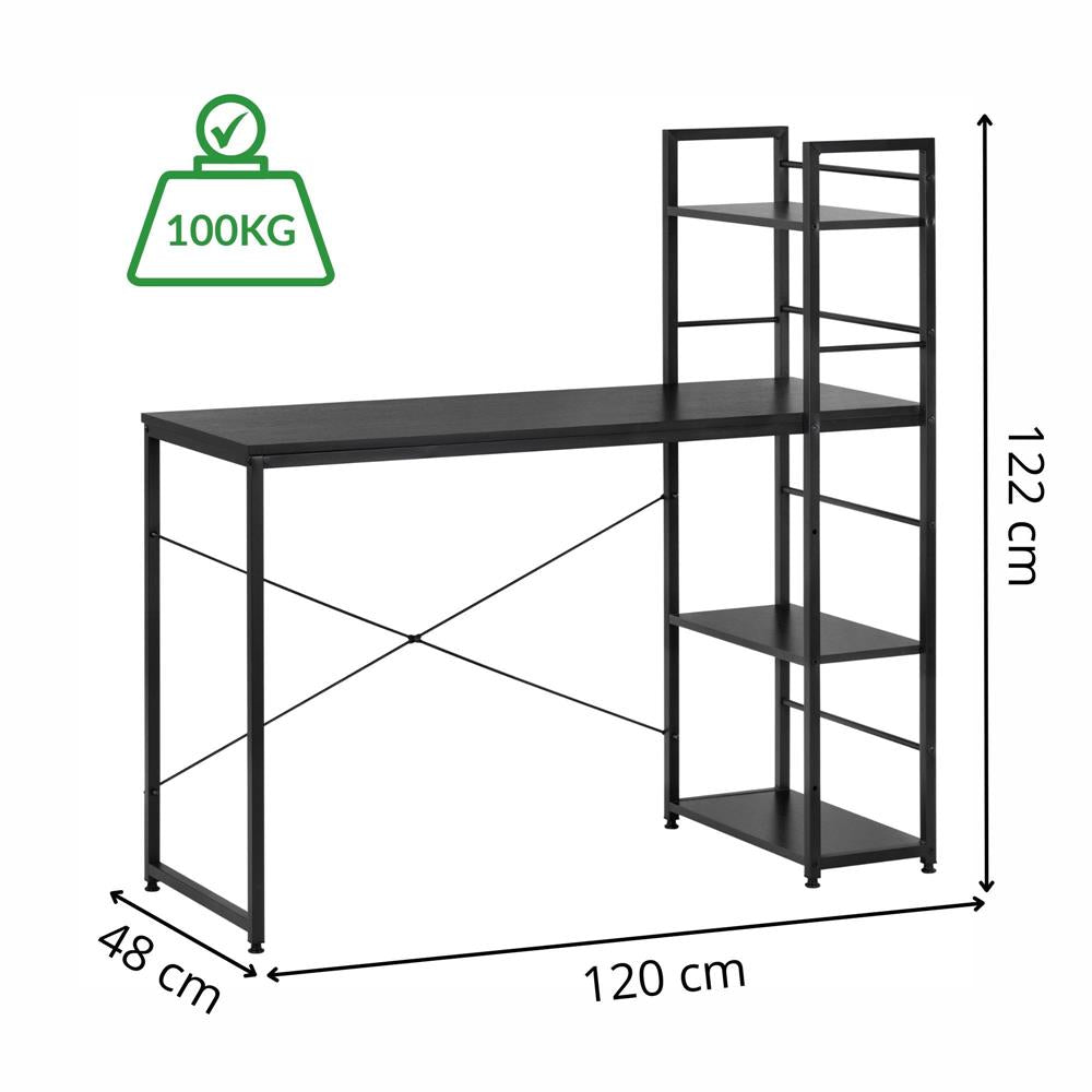 Birou cu blat MDF si rafturi laterale, cadru metalic, 120x48x122 cm, negru