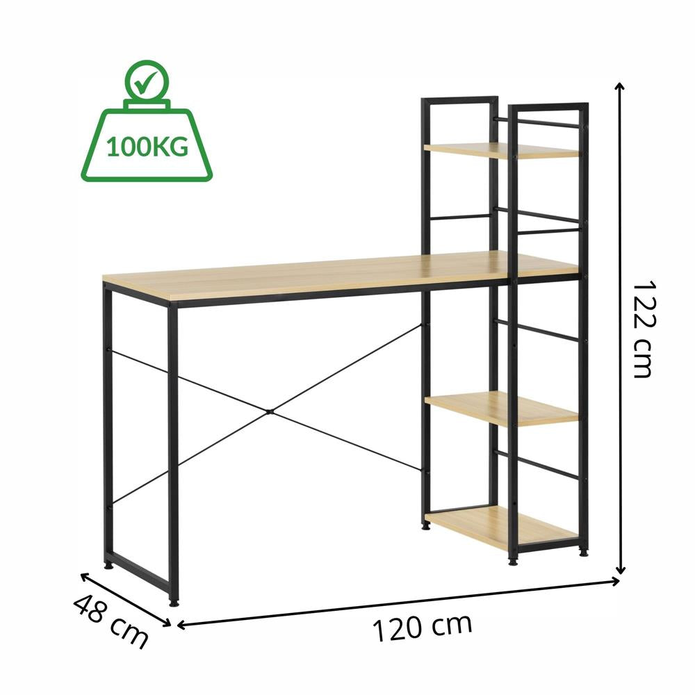 Birou cu blat MDF si rafturi laterale, cadru metalic, 120x48x122 cm, maro deschis