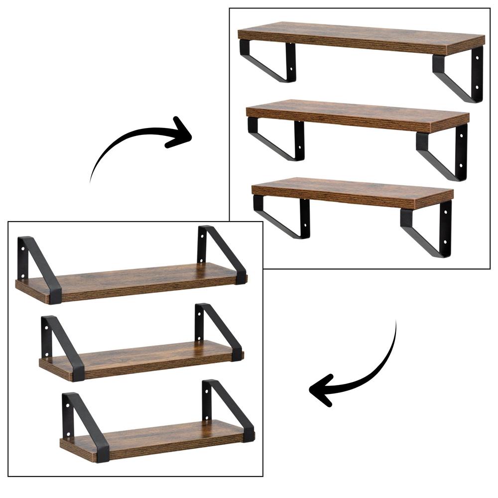 Set 3 rafturi de perete din metal si MDF, 30-35-40x12 cm, negru si maro