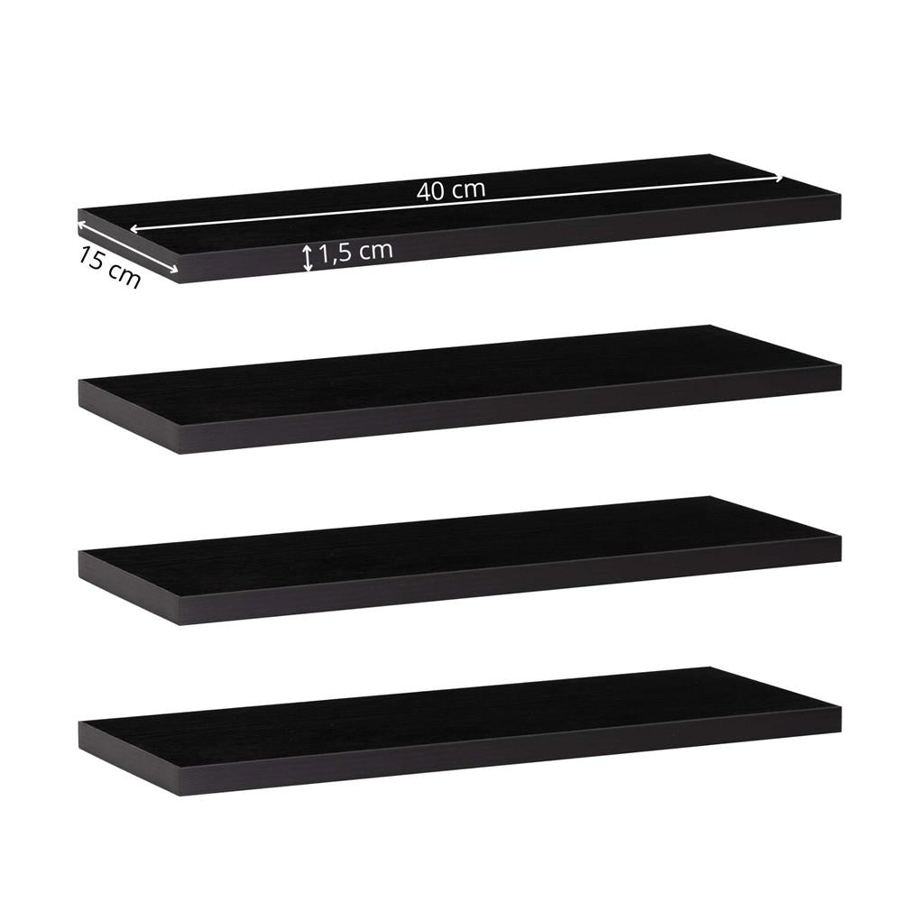Set 4 rafturi supendate de perete, MDF cu suport metalic ingropat, 40x15 cm, negru