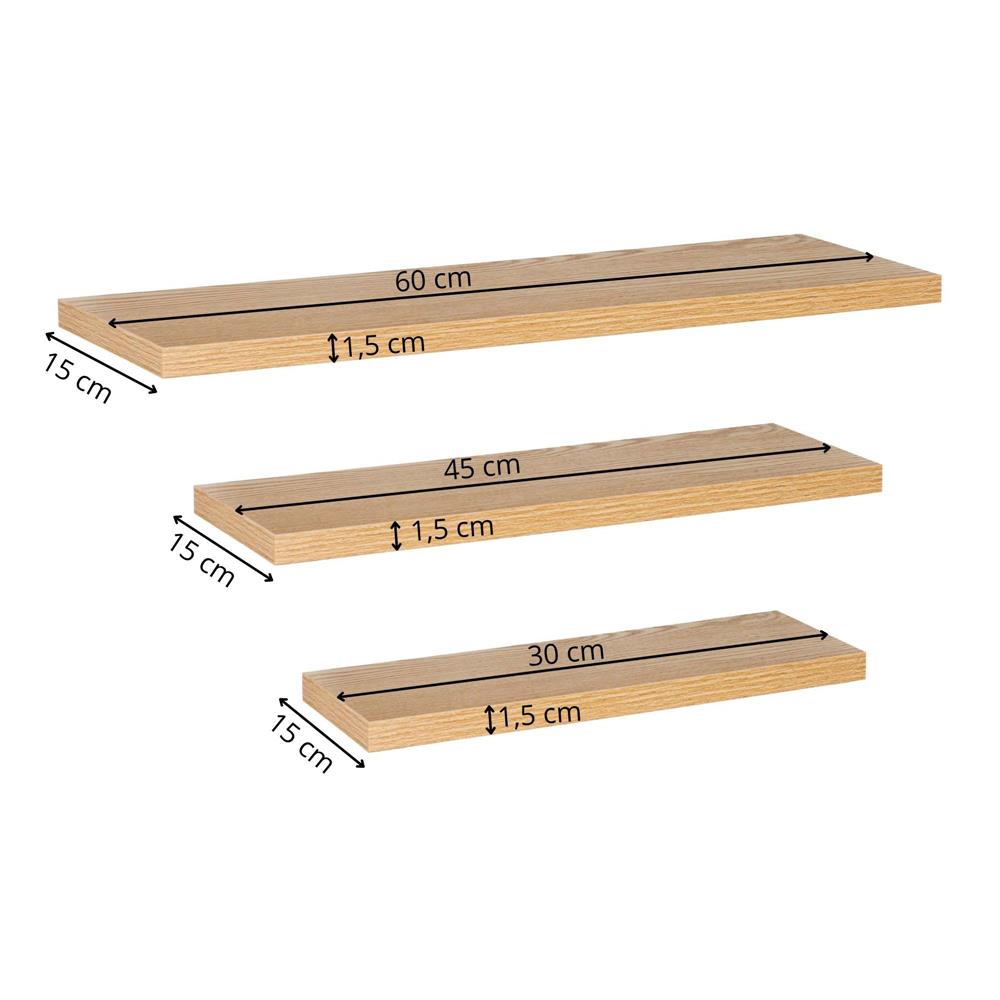 Set 3 rafturi plutitoare decorative de perete, din MDF cu suport metalic, 30, 45 si 60 cm, maro