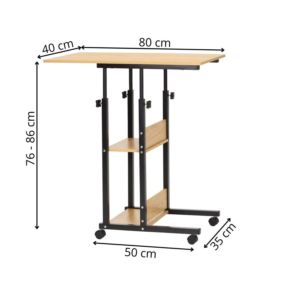 Birou reglabil pe inaltime cu rafturi si roti, blat din lemn si structura metalica, 80x40x76-86 cm, maro natur