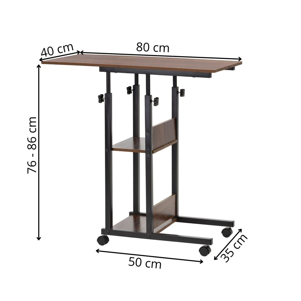 Birou reglabil pe inaltime cu rafturi si roti, blat din lemn si structura metalica, 80x40x76-86 cm, maro inchis
