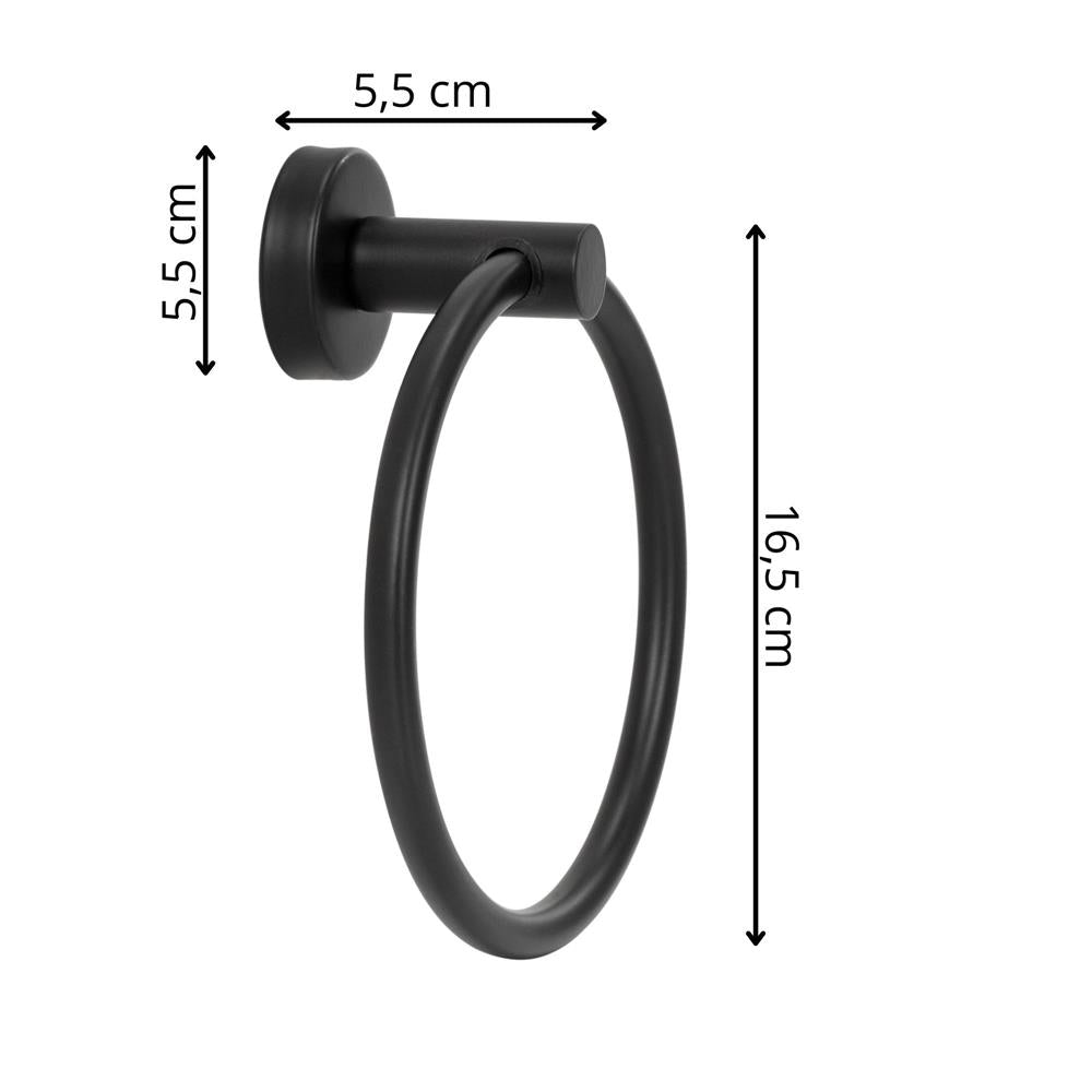 Suport metalic tip inel pentru prosop, inox cu finisaj mat, diametru 17 cm, accesorii montaj incluse, negru