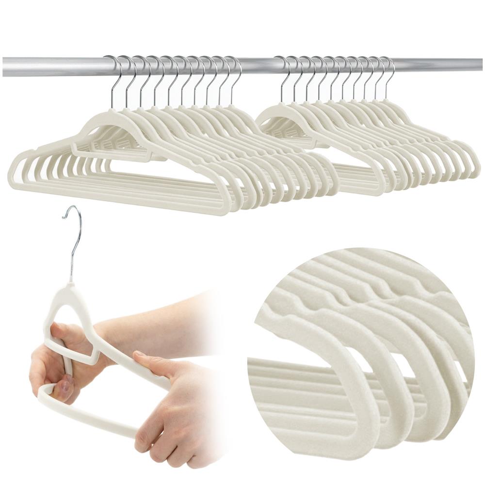 Set de 20 de umerase pentru haine, din velur, cu carlig rotativ, 45x23 cm, ecru