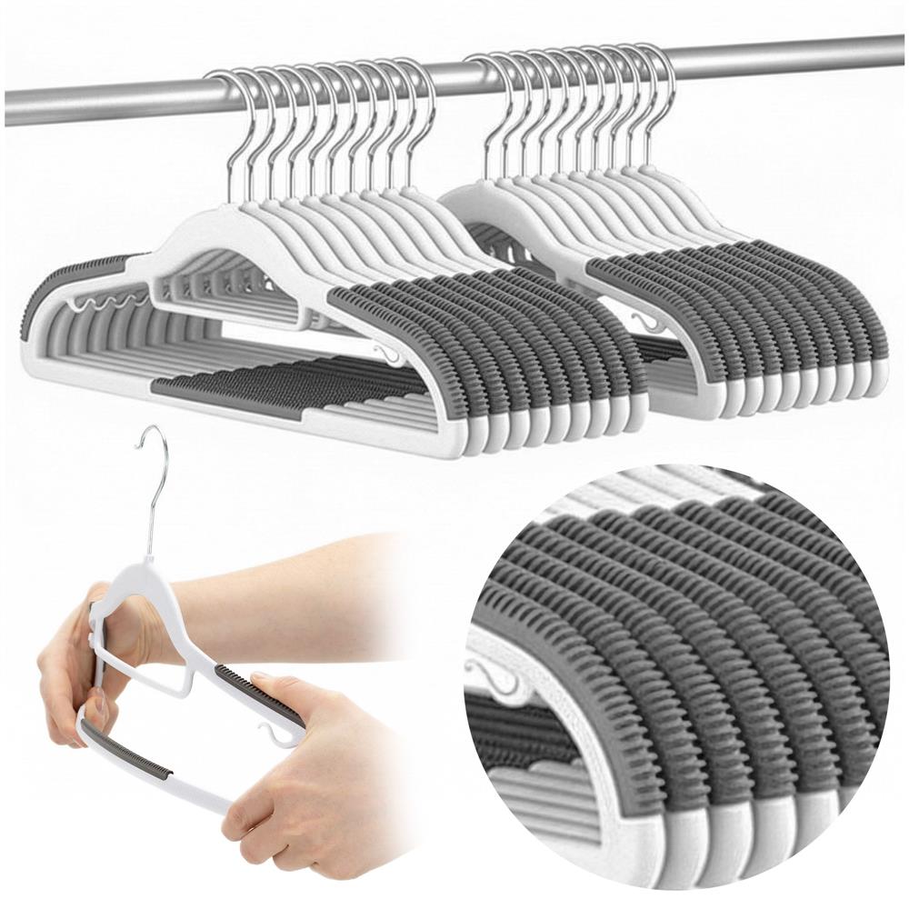 Set de 20 de umerase antiderapante pentru haine, din PE, cu carlig metalic rotativ, 41 cm, alb si gri