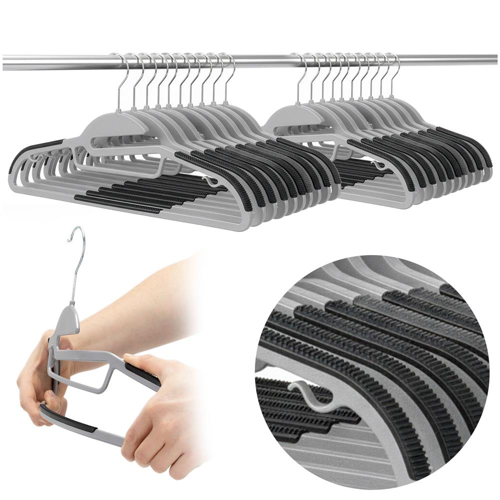 Set de 20 de umerase antiderapante pentru haine, din PE, cu carlig metalic rotativ, 41 cm, gri si negru