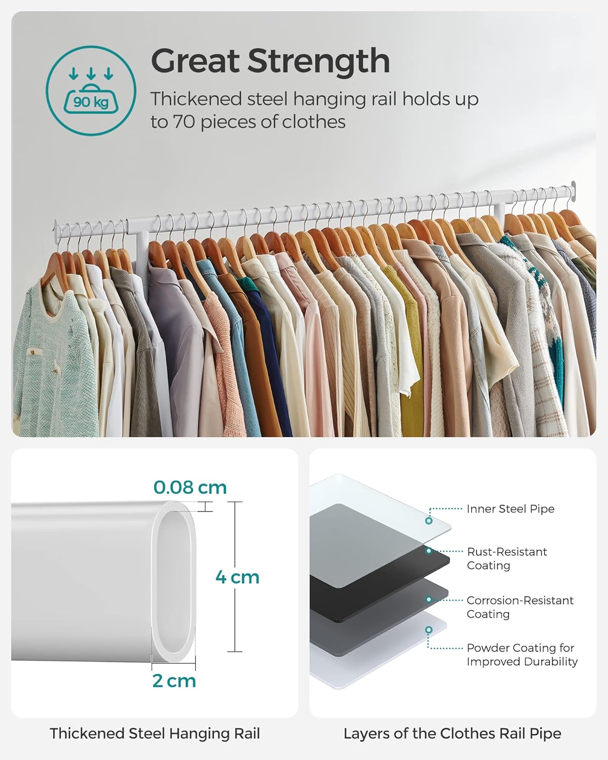 SONGMICS Suport pentru haine extensibil pe roti, bara reglabila 110-150 cm, stil industrial, 150x45x160 cm, alb mat