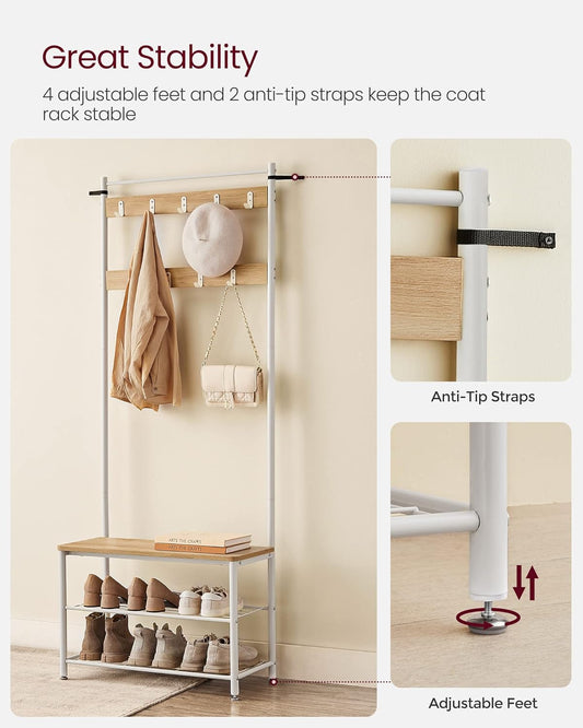 VASAGLE Cuier hol 3 in 1 cu banca si raft pantofi, cadru metalic si PAL, 70x32x177 cm, stejar si crem - 2