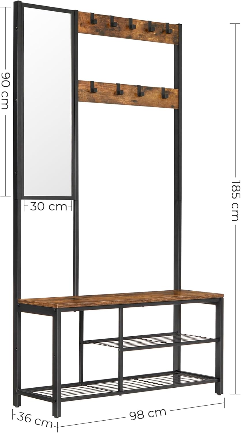 VASAGLE Cuier pentru hol cu oglinda si 9 carlige detasabile, structura metalica, stil industrial, 98x36x185 cm, maro rustic