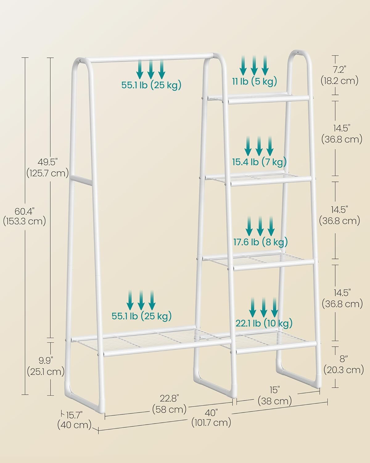SONGMICS Cuier cu 5 rafturi si bara pentru haine, structura metalica, stil industrial, 40x102x153 cm, alb