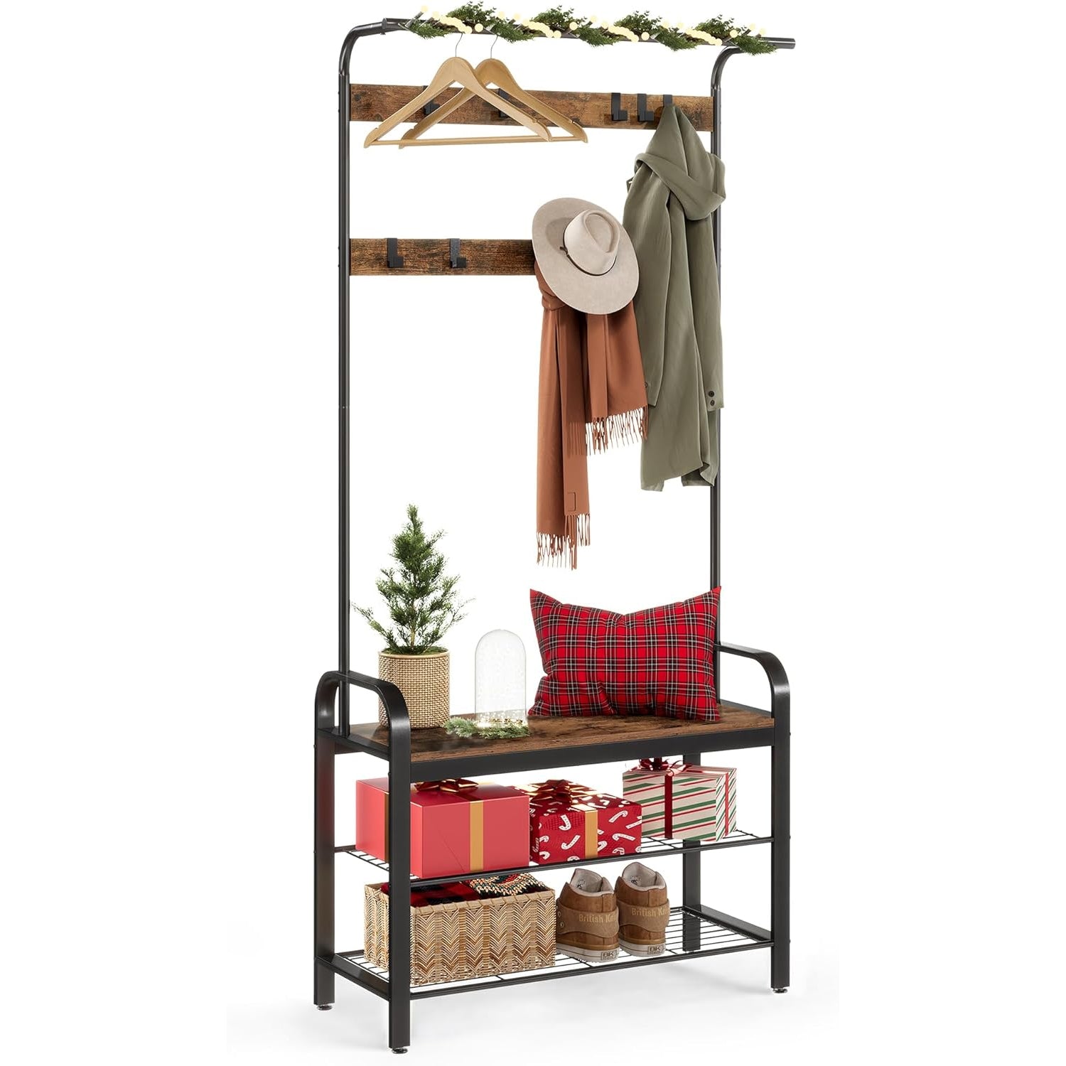 VASAGLE Cuier pentru hol cu banca si suport pantofi, stil industrial, 84x34x183 cm, maro rustic