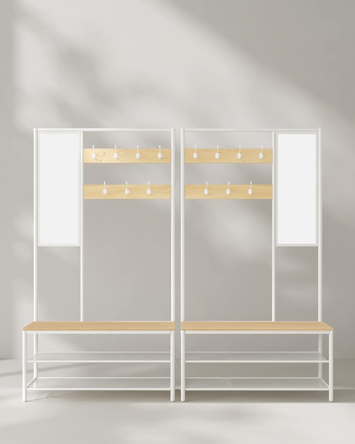 VASAGLE Cuier cu rafturi depozitare pantofi si oglinda, industrial, 35x98x180 cm, maro stejar si alb