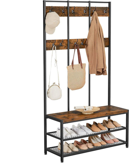VASAGLE Cuier hol cu 12 carlige si banca pantofi, cadru metalic, stil industrial, 100x40x186 cm, maro rustic - 2