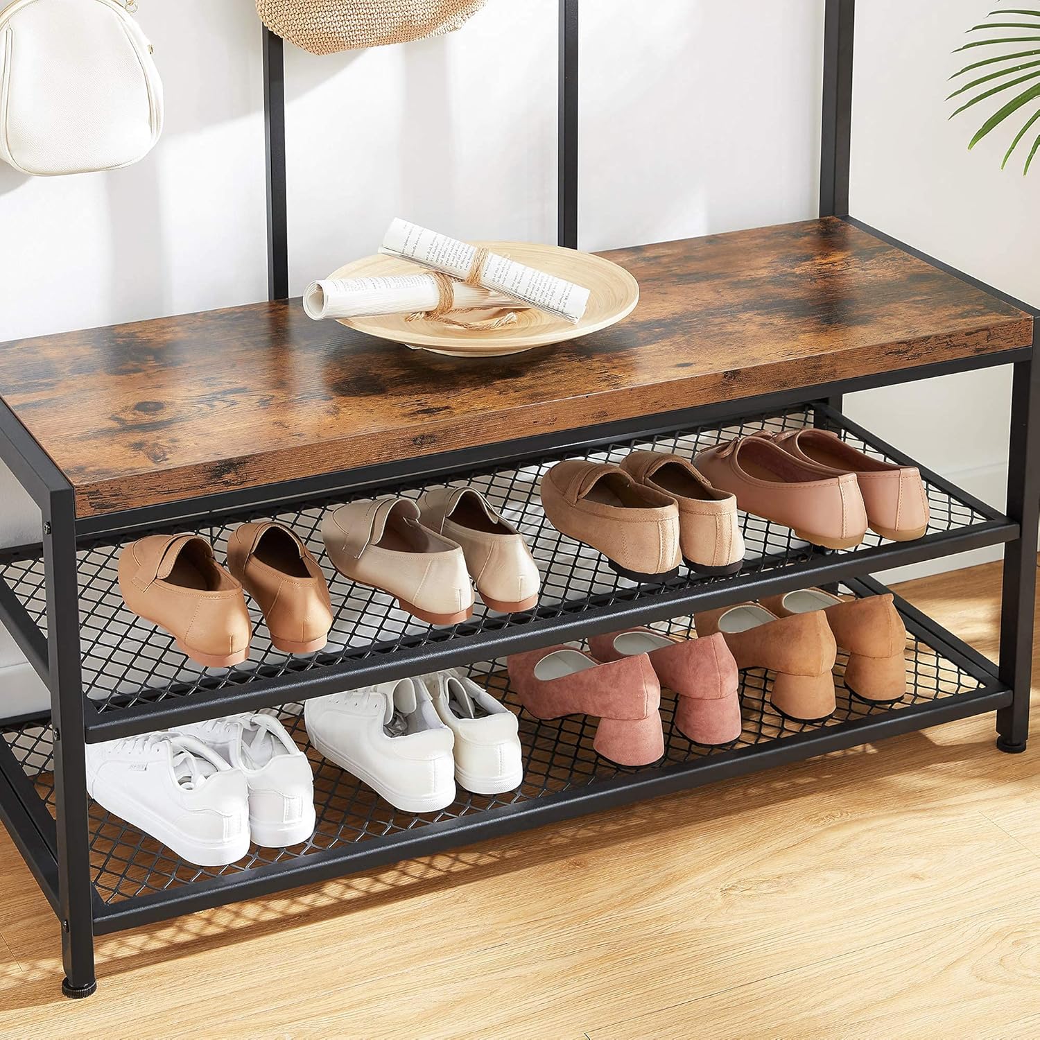 VASAGLE Cuier hol cu 12 carlige si banca pantofi, cadru metalic, stil industrial, 100x40x186 cm, maro rustic