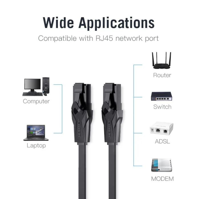 Patch Cord UTP Vention, Cat. 6, 25m, flat cable, conductor cupru - aluminiu, viteza max transfer 1 Gbps, invelis PVC, negru, "IBABS" - 6922794722279