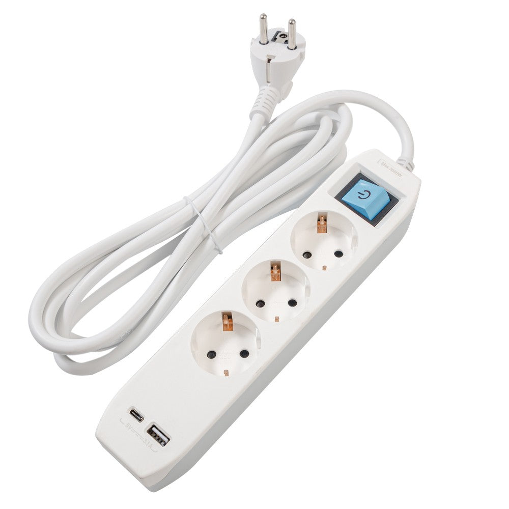 PRELUNGITOR SPACER, Schuko x 3, conectare prin Schuko (T),Type-C x1, USB x 1, 3.1A, cablu 1.8m, 16 A, max. 3500W, protectie copii, Intrerupator, Gri, "PP-3-18-TC-USB"