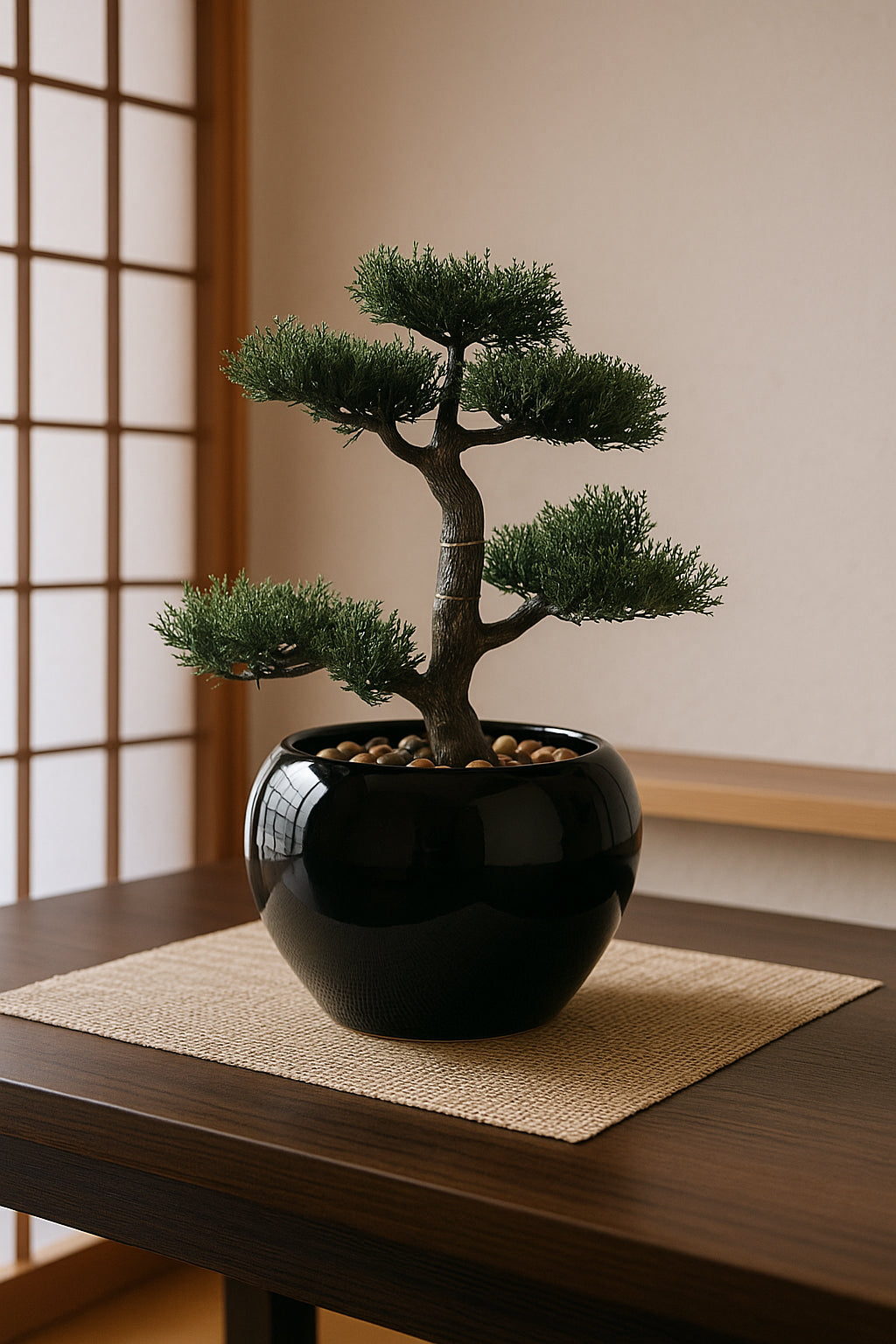 Bonsai artificial Atmosphera in ghiveci ceramic cu pietricele decorative, 36 cm, verde