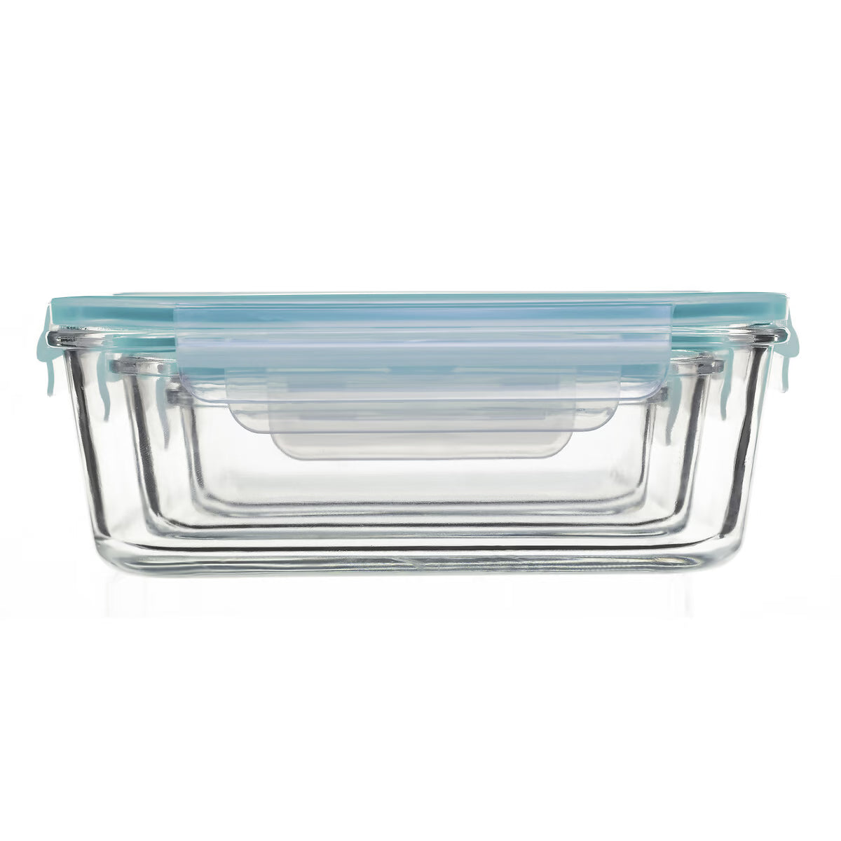 Set 3 caserole din sticla patrate 5Five Clipeat, capac albastru, 2.2L + 800ml + 330ml