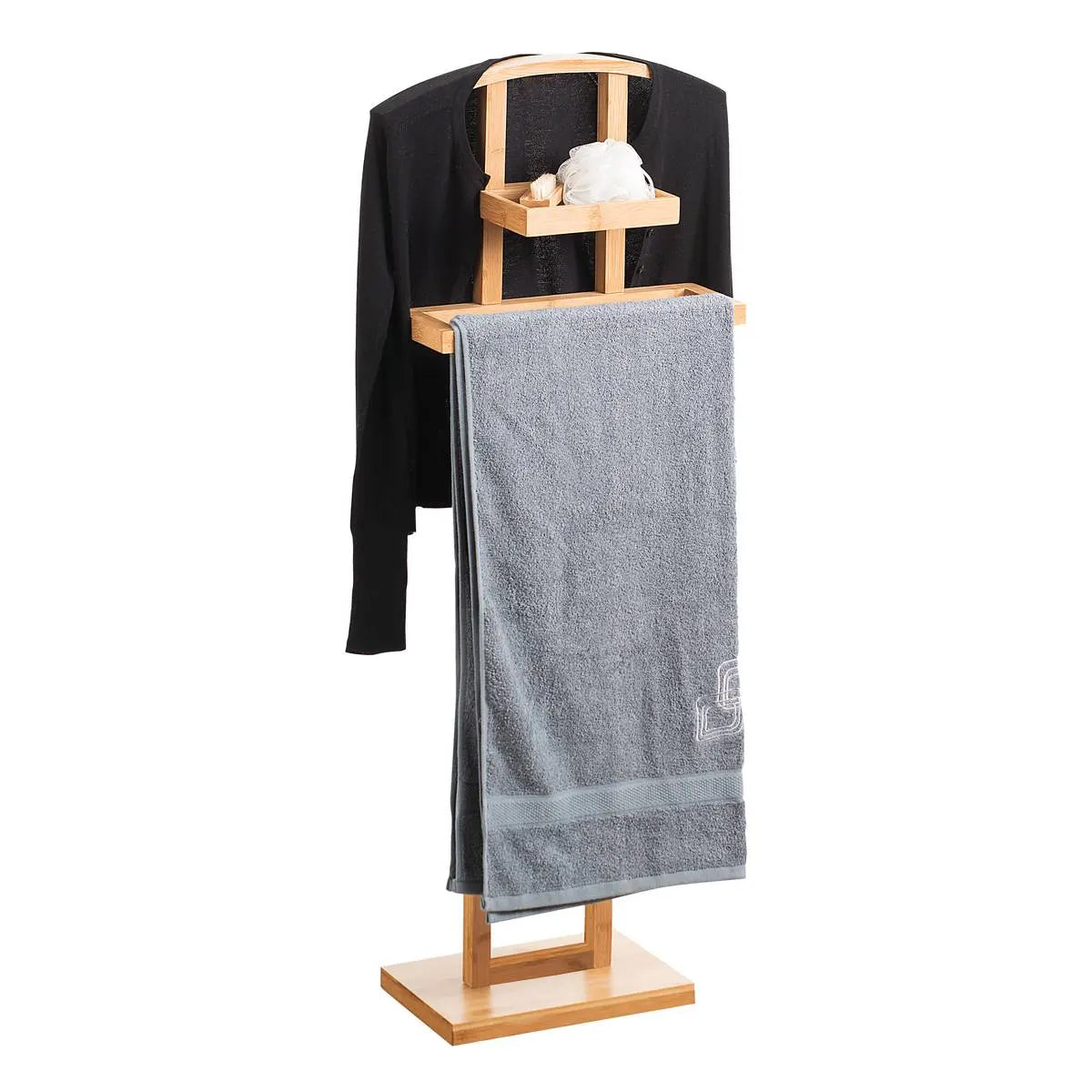 Suport haine si prosoape 5Five Velvy cu bara si etajera de depozitare, bambus, 44x22x113 cm, maro