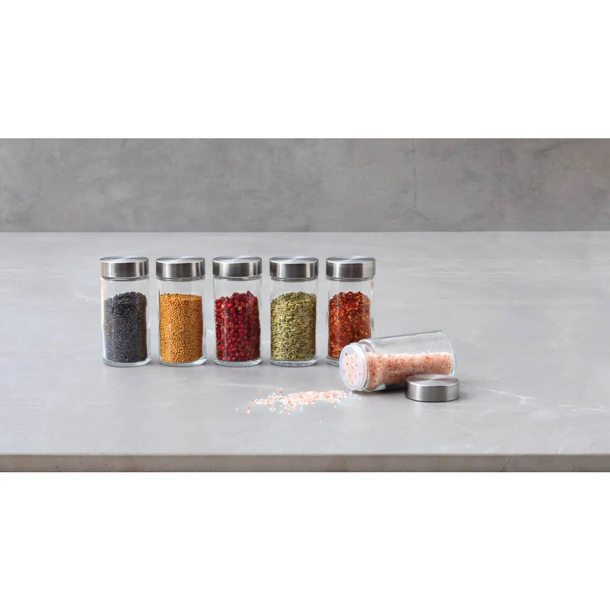 Set 6 borcane condimente 5Five din sticla, 80 ml, capac inox, transparent