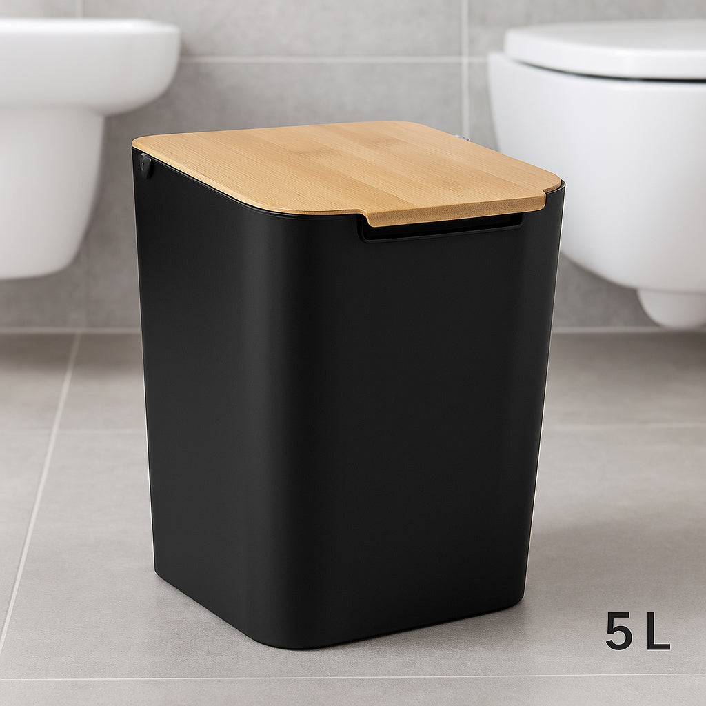 Cos gunoi 5Five Natureo cu capac, polipropilena si bambus, 5 litri, 22x19x24 cm, negru