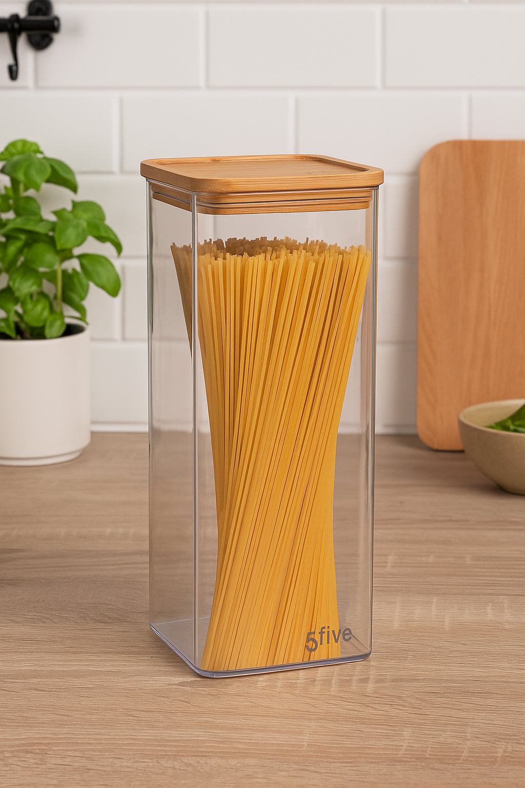Cutie depozitare 5Five Eske patrata 2L, capac bambus, PS transparent