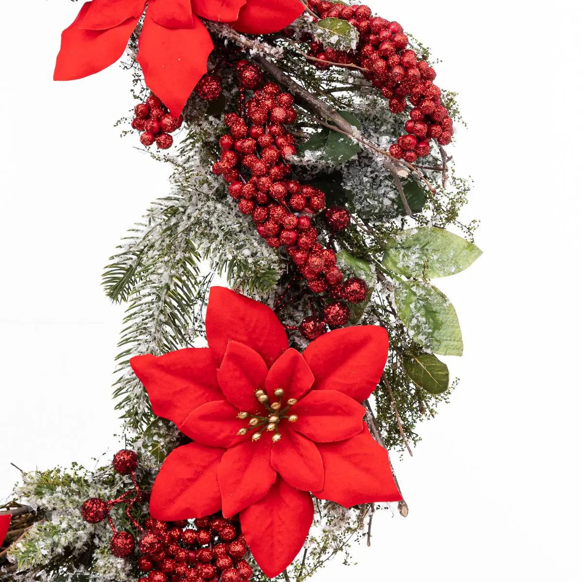 Coronita decorativa pentru Craciun, cu flori Poinsettia, diametru 50 cm, verde si rosu