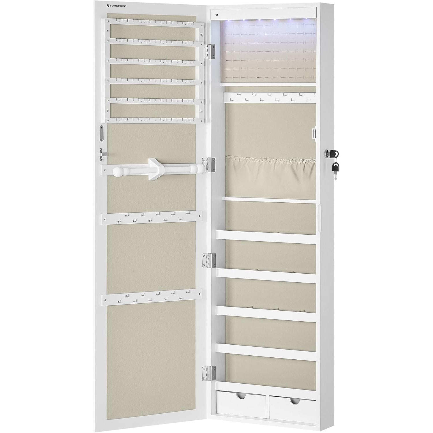 SONGMICS Dulap pentru bijuterii cu oglinda, montare pe perete sau usa, material MDF, inchidere cu cheie, 120x37x10 cm, alb