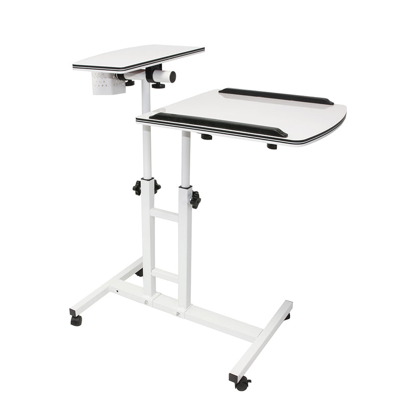 Masuta laptop reglabila cu 2 blaturi acrilice, pe roti cu blocare, 60-90 cm, alb perlat